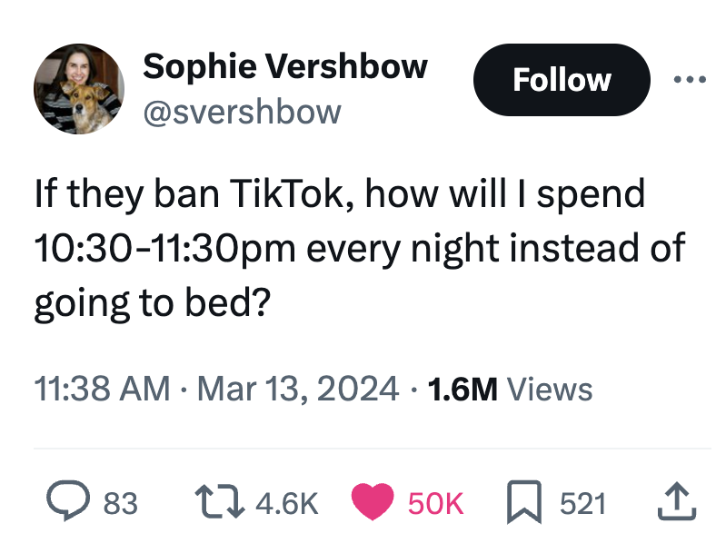 bisal - Sophie Vershbow If they ban TikTok, how will I spend pm every night instead of going to bed? 1.6M Views 83 50K 521